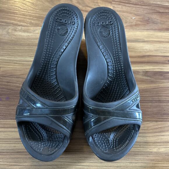 Crocs Black Ortho Arch Support sz 8 Strappy Wedge Sandals Dressy - Picture 1 of 6